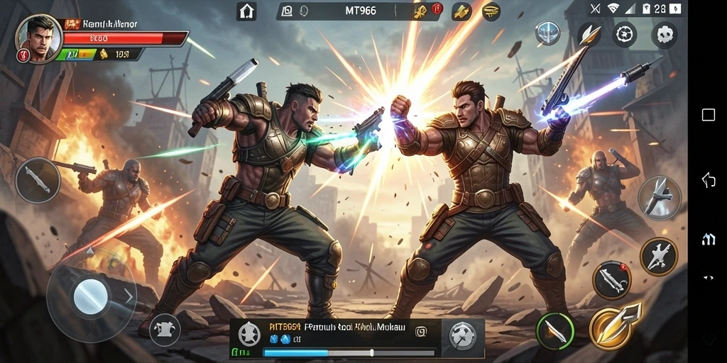 Tangkapan layar gameplay MT966 menampilkan aksi intens dan pertarungan seru.